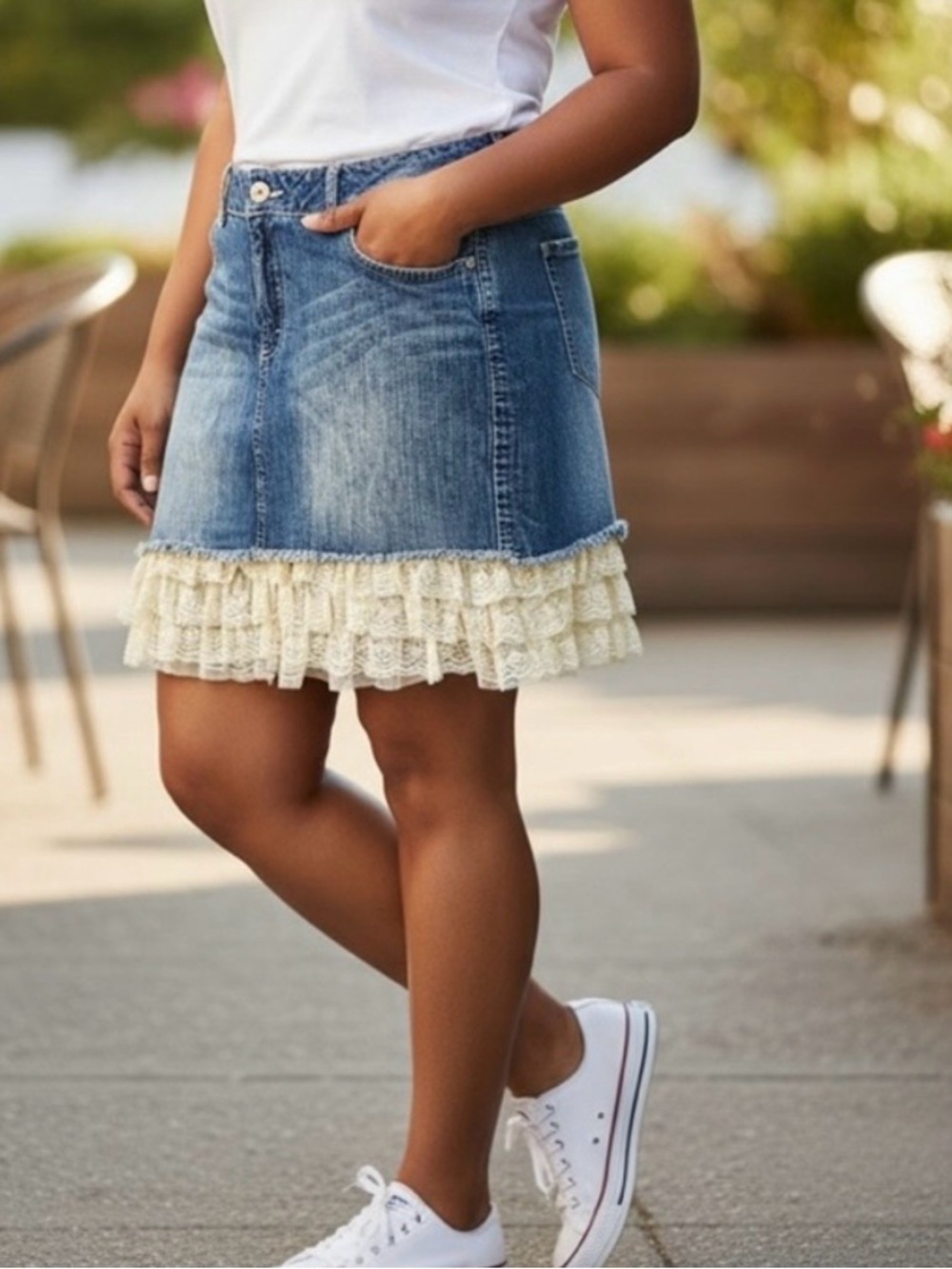 Wrangler Lace Ruffle Trim Denim Mini Skirt Size 15